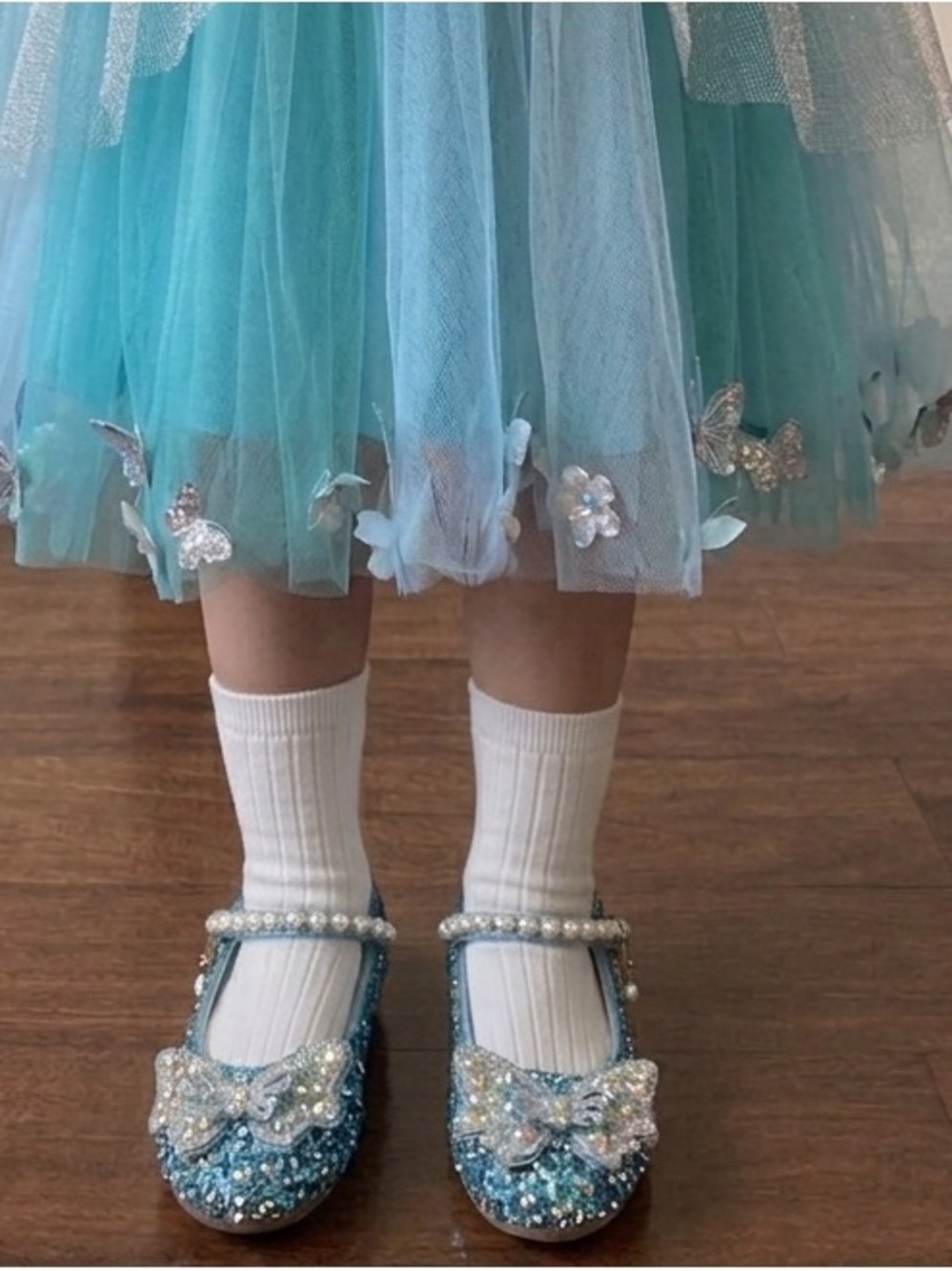 Princess Teal Glitter Butterfly Pearl-Strap Dress Shoes Sz 12